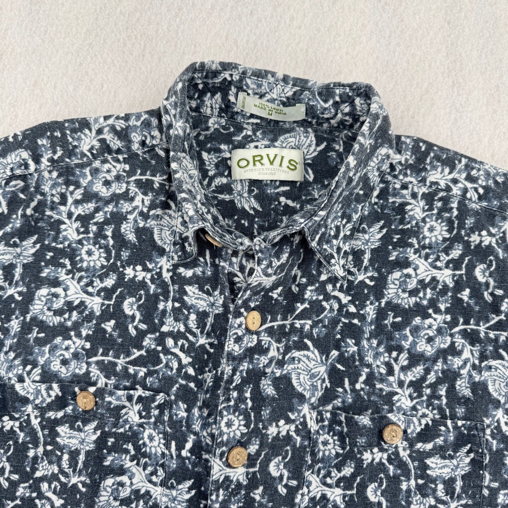 Orvis Mens M 100% Linen Short Sleeve Button Down Blue Floral Hawaiian Summer